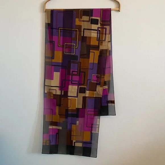 2/$20 👒 Vintage Oldstock Sheer Scarf with Purple and Brown Geometric Pattern - Picture 4 of 7